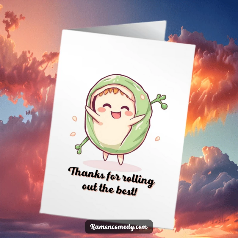 Funny Free Printable Thank You Card with a grinning seaweed wrap doing a cartwheel, offering a dynamic and funny thank you.