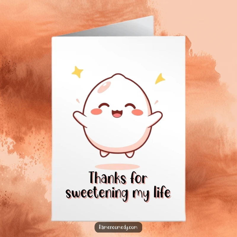 Funny Free Printable thank you card with a happy mochi character bouncing with infectious joy, expressing sincere gratitude.