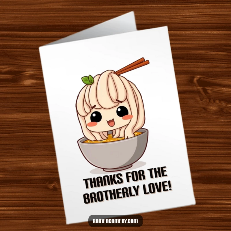Funny Free Printable Thank You Card with a happy udon noodle secretly sipping broth, offering a cozy and funny thank you.