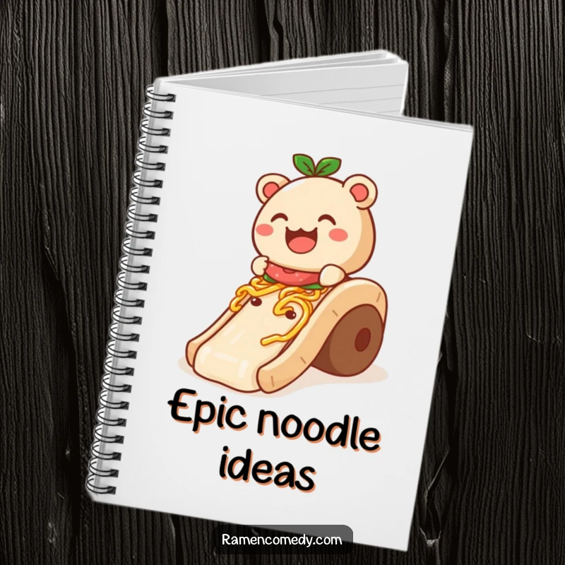 Funny Notebook: A smiling bao bun comically slides down a noodle slide, perfect for note-taking with humor.