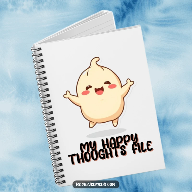 Funny cheerful dumpling character joyfully bouncing, notebook. Ideal funny gift for planners and food enthusiasts.