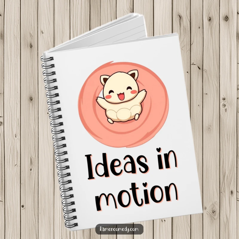 Funny notebook cover with an illustration of a happy dumpling joyfully hopping on a naruto swirl, ideal for jotting down culinary thoughts.