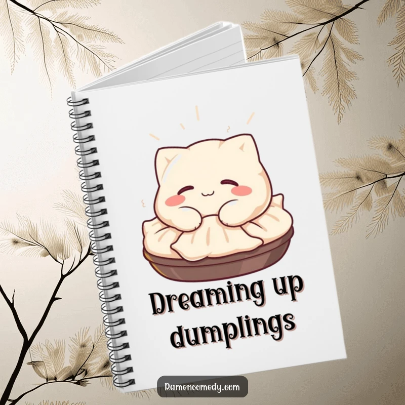 Funny Gyoza Notebook: A happy gyoza character with a satisfied smile naps on a steaming pile, perfect for notes.