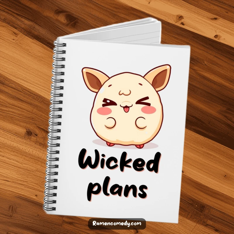 Funny gleeful gyoza notebook, illustrated with a dumpling character winking, inspiring playful note-taking.