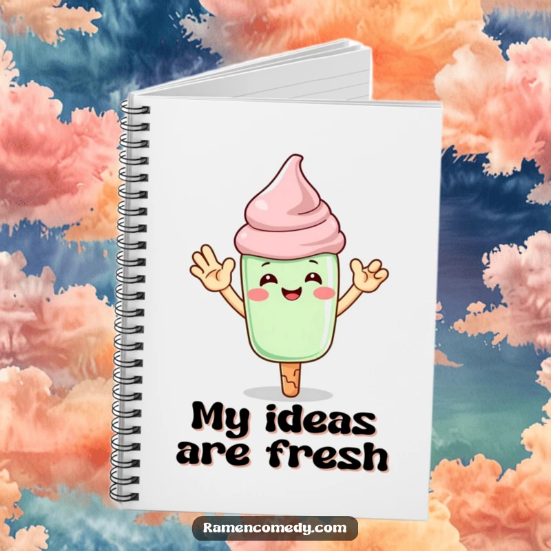 Funny matcha ice cream notebook with a character offering a high-five, great for note-taking.
