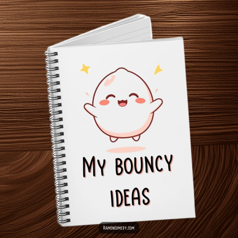 Funny mochi bounce notebook with a happy mochi character bouncing with infectious joy, ideal for journaling happy thoughts.