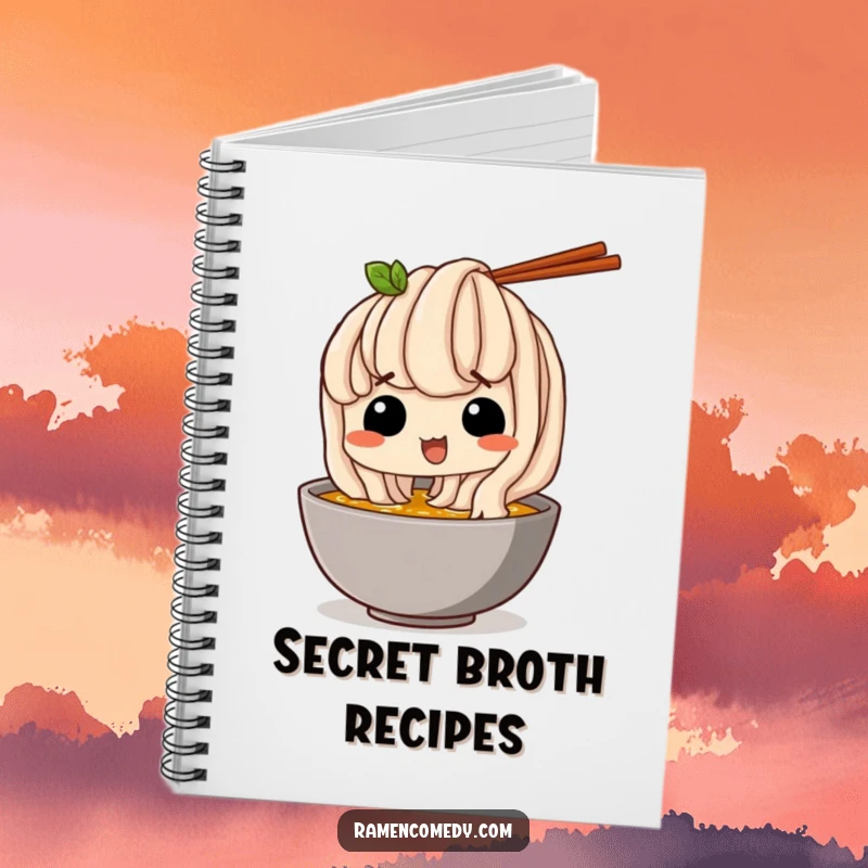Funny Notebook: A happy udon noodle comically sneaks a sip of broth, perfect for jotting down notes with fun.