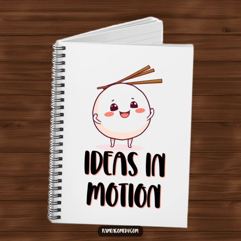 Funny grinning onigiri notebook, illustrated with a rice ball character juggling chopsticks, inspiring creative culinary notes.