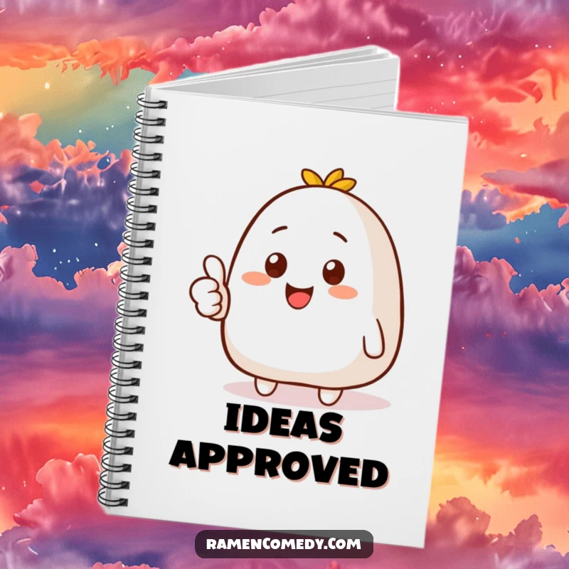 Funny notebook cover design of a smiling onigiri character giving a thumbs up, promoting positivity and creativity.