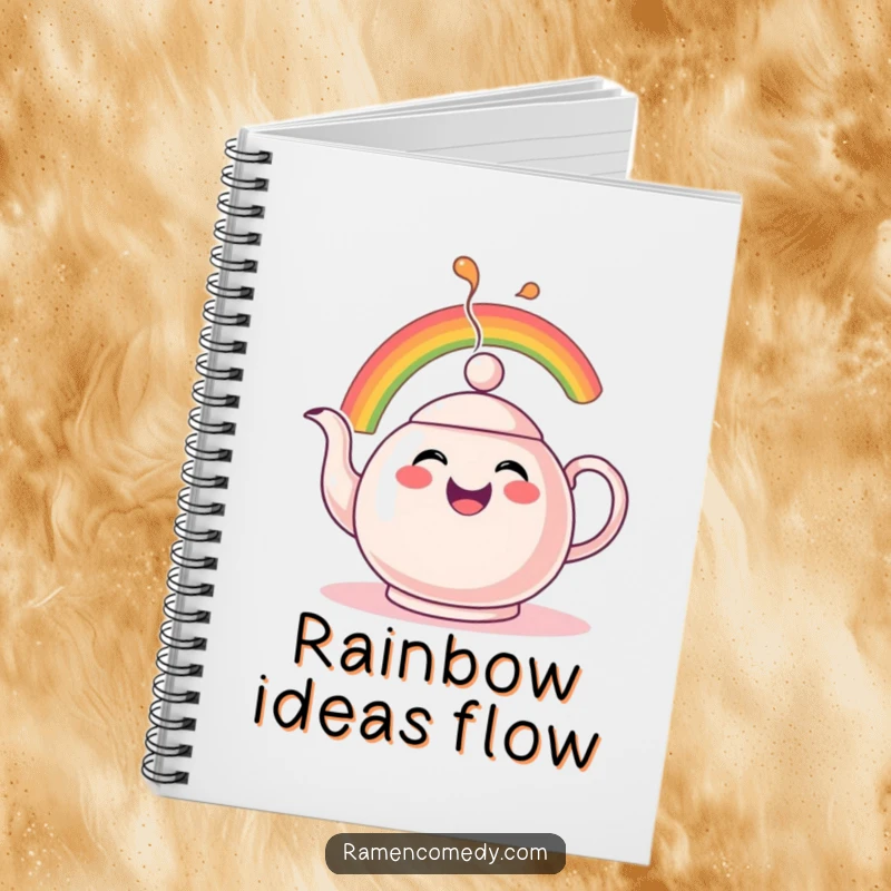 Funny Rainbow Teapot Notebook featuring a cheerful teapot character comically spouting a vibrant rainbow, perfect for note-taking.