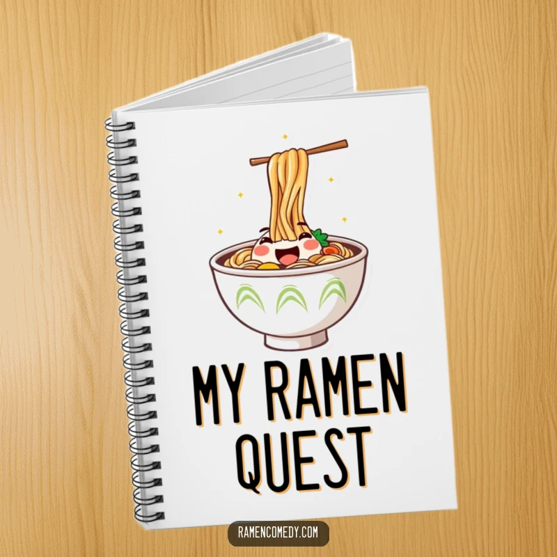 Funny Notebook with a jumping ramen bowl and happy face, perfect for jotting down notes with a side of culinary fun.