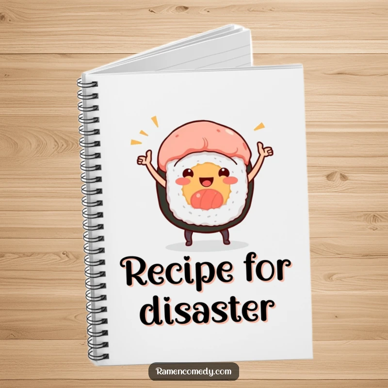 Funny notebook with a smiling sushi roll character doing a celebratory dance on the cover, ready for notes.
