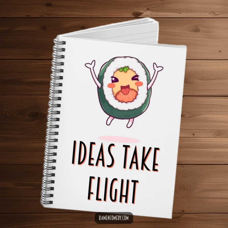Funny notebook featuring a cheerful sushi roll character leaping, ideal for writing recipes and funny thoughts.