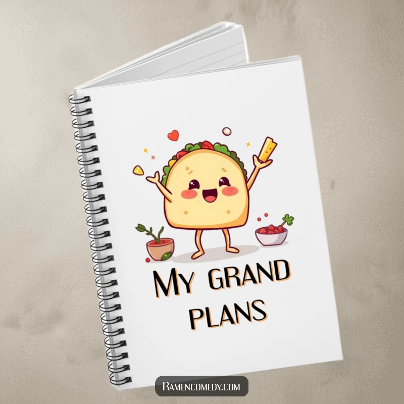 Funny notebook with a taco on legs juggling ingredients, ideal for notes, sketches, and funny culinary ideas.