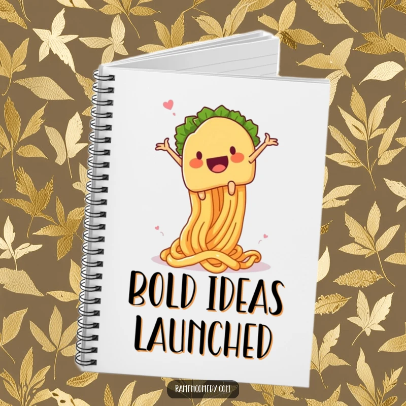 Funny taco noodle launch notebook, a taco character launching from a springy noodle, for jotting down recipes and funny ideas.