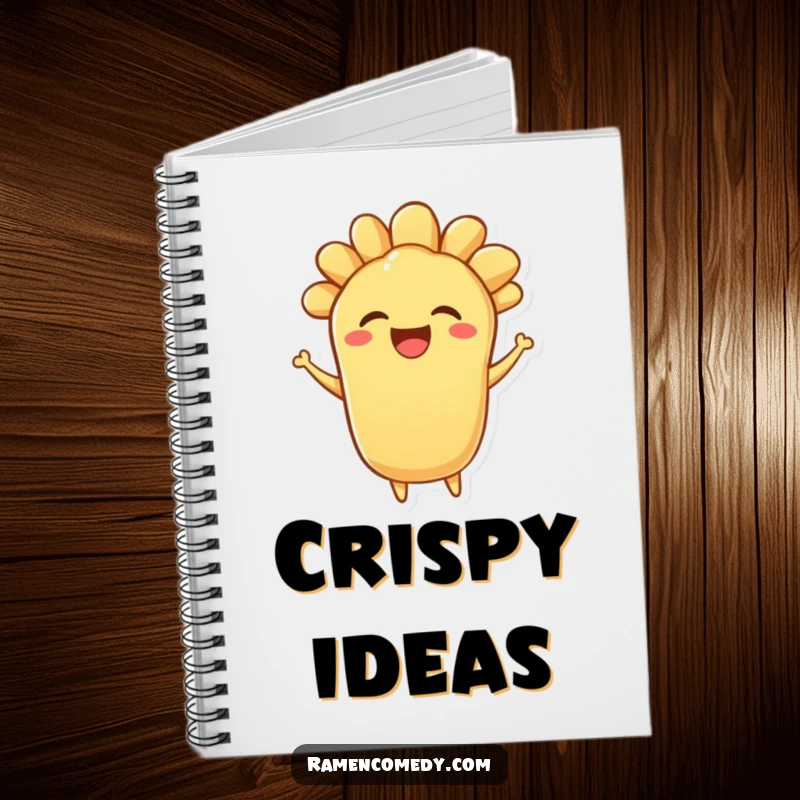 Funny notebook with a bouncing piece of tempura character with a delighted expression on the cover, ready for notes.