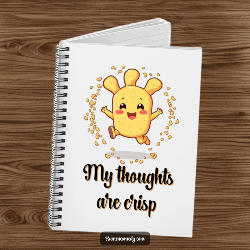 Funny tempura notebook cover with a cheerful tempura character leaping through sesame seeds, inspiring food-related writing.