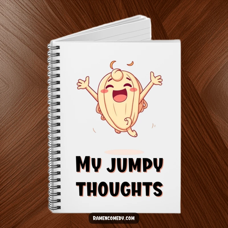 Funny Notebook designed with an excited udon noodle character in a joyful leap, ideal for notes and doodles with a humorous touch.