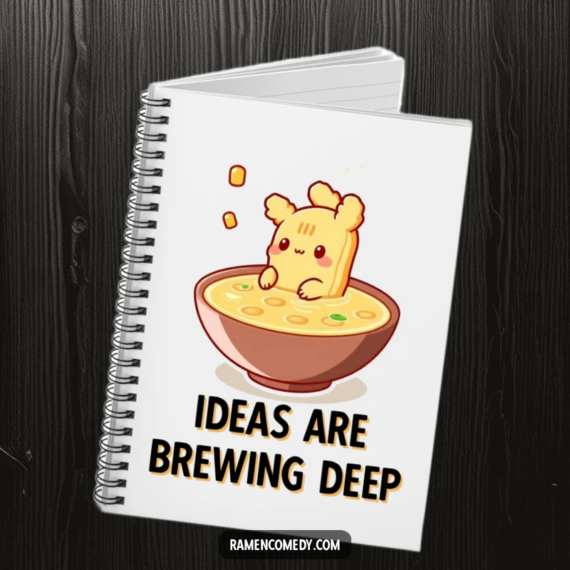 Funny Notebook showcasing a piece of tempura happily floating in broth, perfect for jotting down notes with a dose of culinary zen.