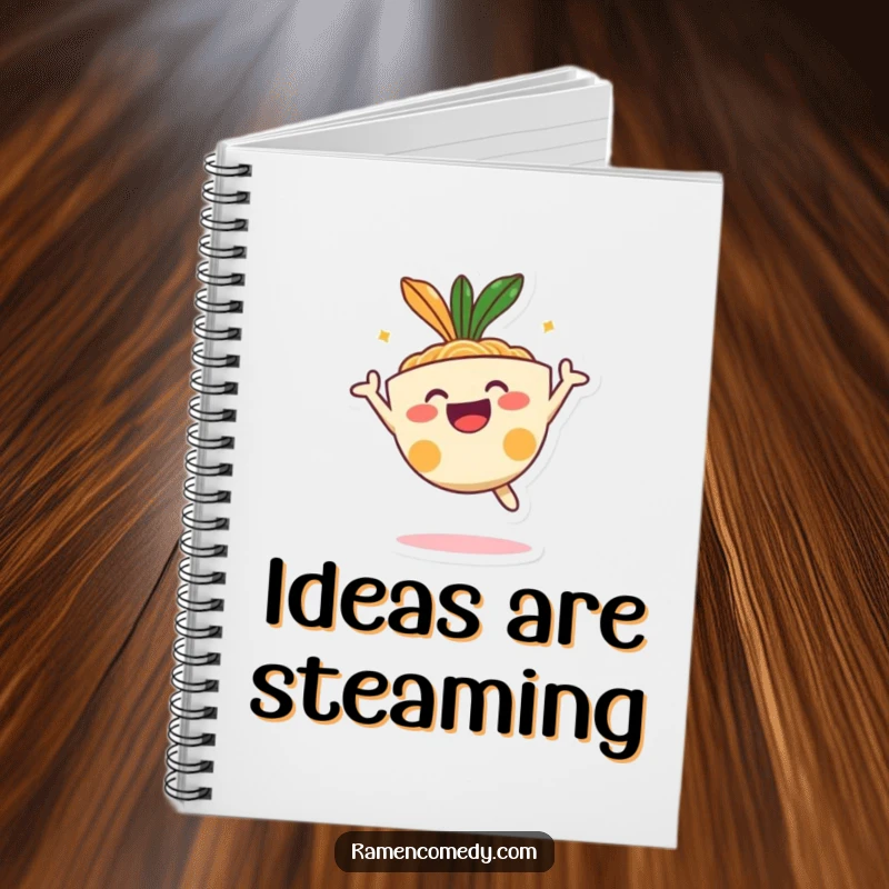 Funny happy ramen bowl character jumping energetically, cute cartoon food notebook.