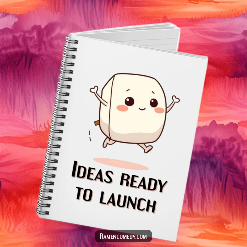 Funny notebook cover with a smiling onigiri character leaping, perfect for jotting down recipes and ideas.