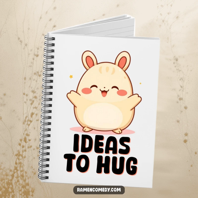 Funny happy bao bun notebook, illustrated with a character offering a warm embrace, inspiring kind note-taking.
