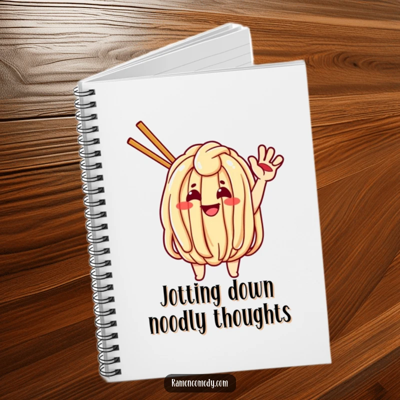 Funny notebook cover with a cheerful udon noodle character waving, perfect for jotting down recipes and thoughts.