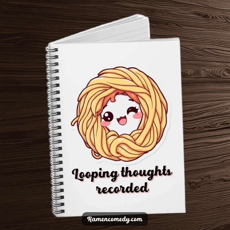 Funny notebook cover design of a ramen noodle character enthusiastically curling into a loop, promoting creativity and fun.