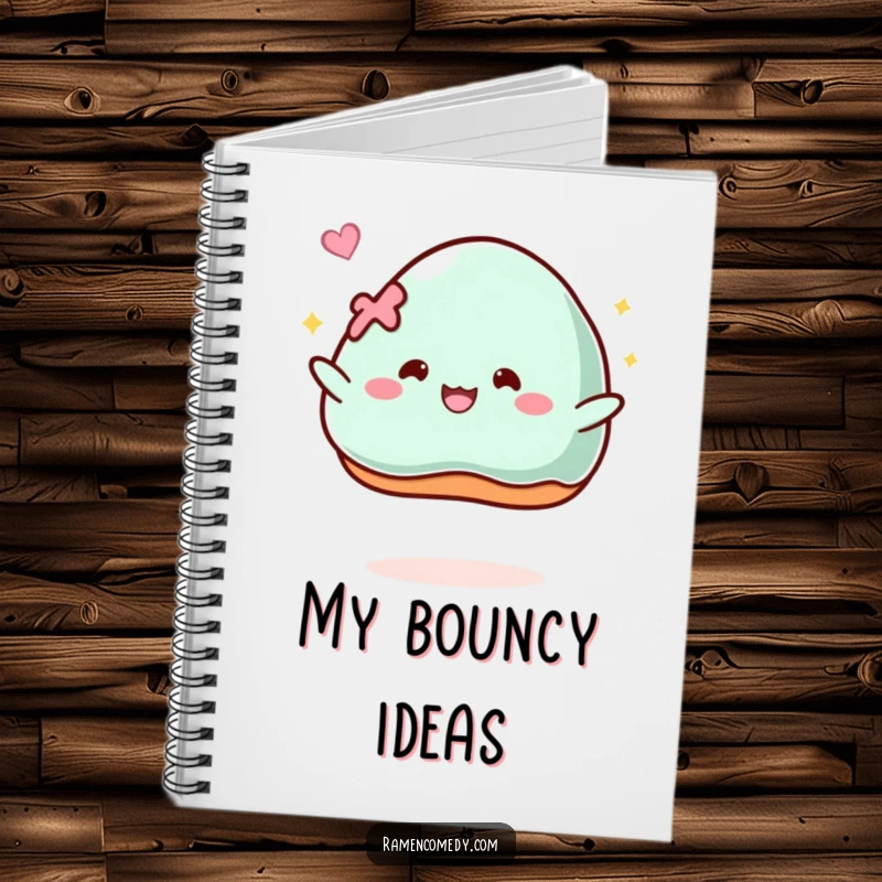 Funny Notebook: A piece of mochi comically bounces with glee, perfect for jotting down notes with sweetness.