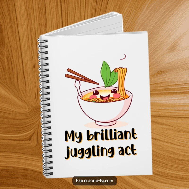 Funny notebook cover with a happy ramen bowl juggling chopsticks, ideal for jotting down creative ideas.