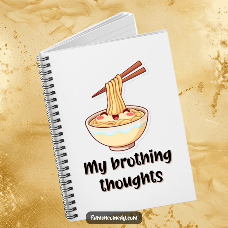 Funny notebook cover with an illustration of a smiling ramen bowl happily waving with chopsticks, ideal for jotting down culinary thoughts.