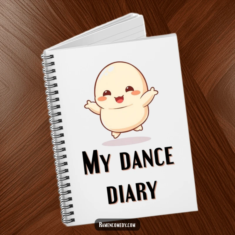 Funny notebook with a dancing dumpling character, tiny feet kicking joyfully, ideal for creative writing and notes.