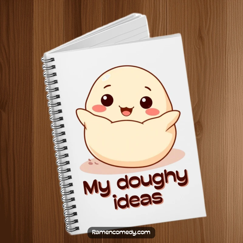 Funny cheerful dumpling rolling towards the viewer, cute cartoon food notebook.