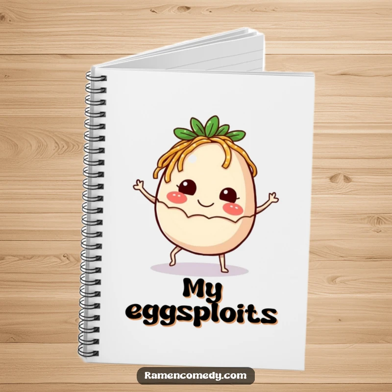 Funny Notebook with a smiling ramen egg kicking up happily, perfect for jotting down notes with a playful touch.