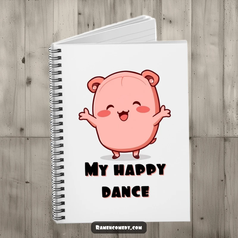 Funny chashu pork notebook, happy dancing slice, cute ramen character journal.