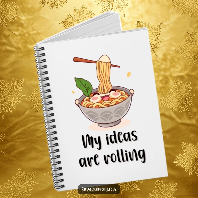 Funny ramen notebook cover with a smiling noodle bowl juggling chopsticks and an egg, inspiring creative writing.