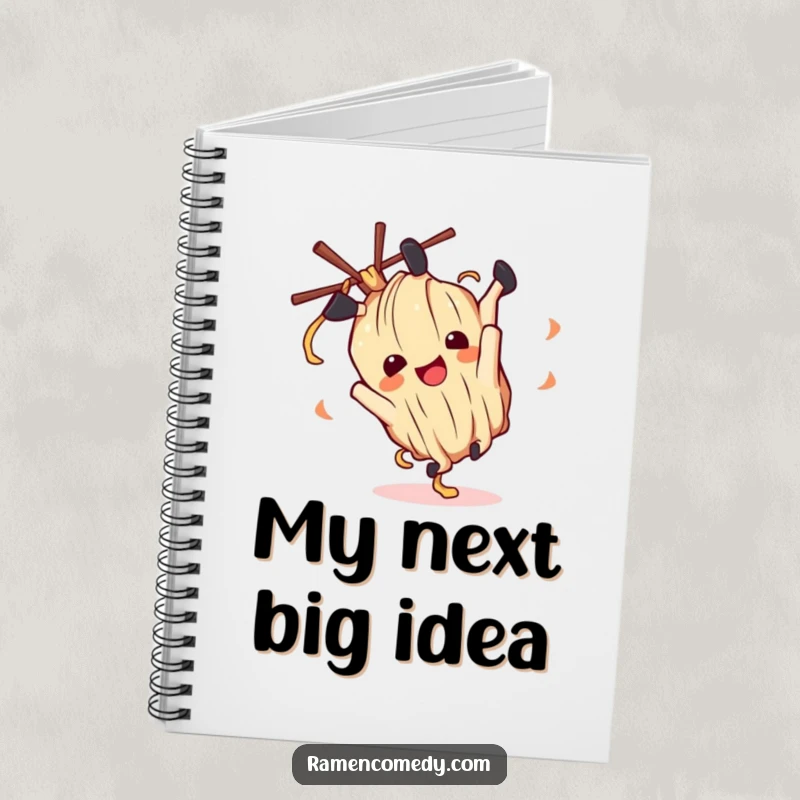 Funny ramen noodle character performing a somersault on a notebook cover, inspiring fun thoughts.