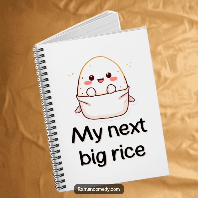 Funny Notebook with a cute onigiri rice ball character popping out playfully, ideal for jotting down notes with a smile.