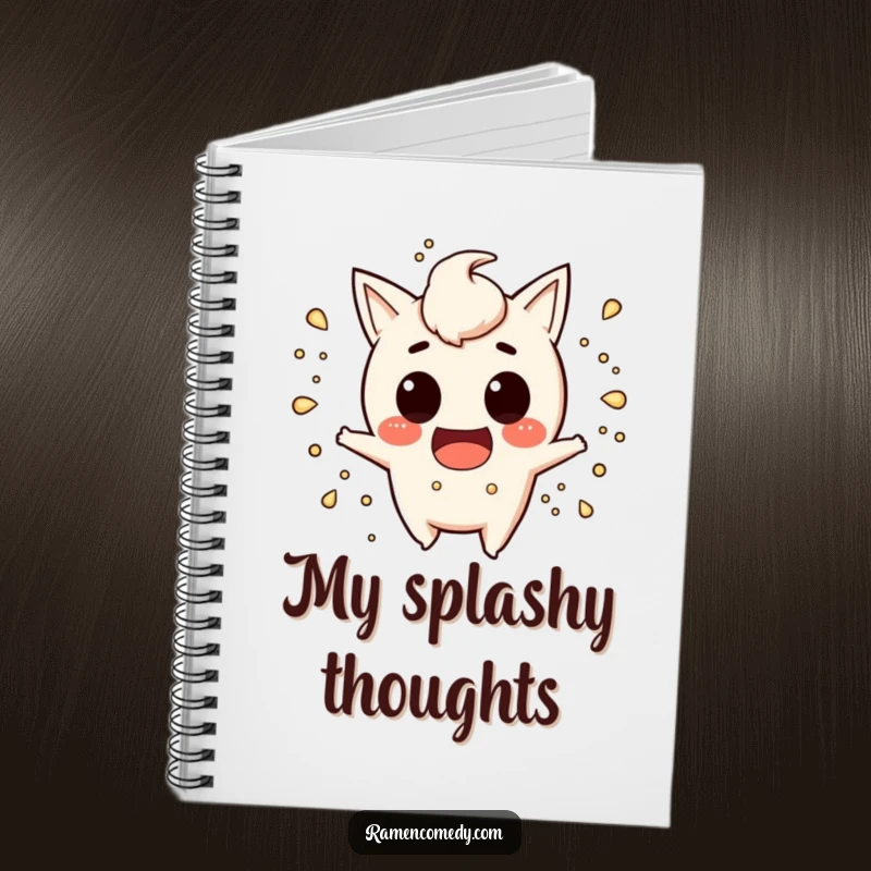 Funny miso soup notebook with a mischievous character splashing playfully, perfect for jotting notes with humor.