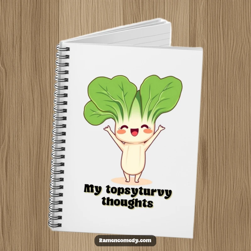 Funny Bok Choy Headstand Notebook featuring a friendly bok choy character playfully balancing in a headstand, perfect for note-taking.