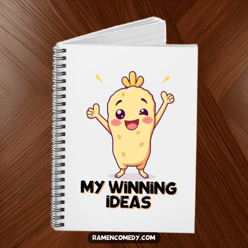 Funny Notebook styled with a cheerful tempura character in a victorious pose, perfect for planning and note-taking with a humorous twist.