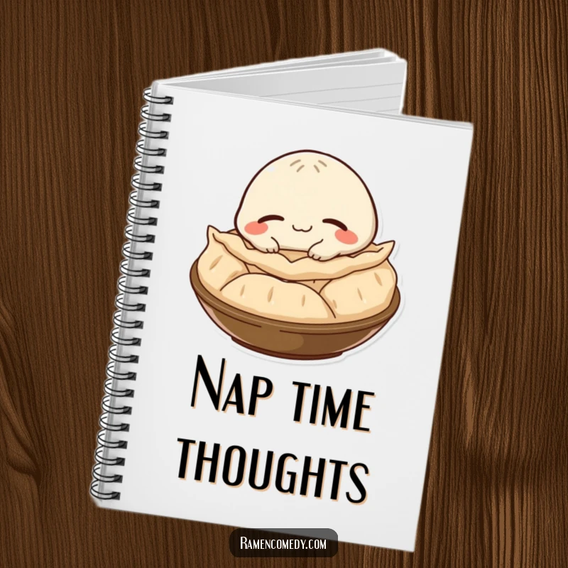 Funny gyoza character with a satisfied smile, napping on a steaming pile, adorning the cover of a relaxing notebook.