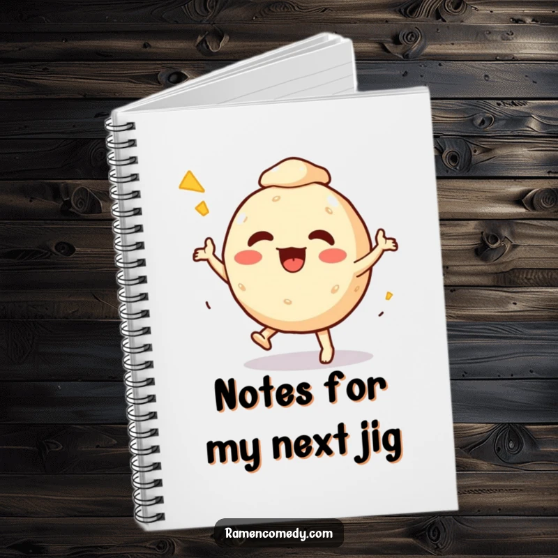 Funny Notebook showcasing a lively takoyaki ball character dancing with enthusiasm, perfect for jotting down notes with street food flair.