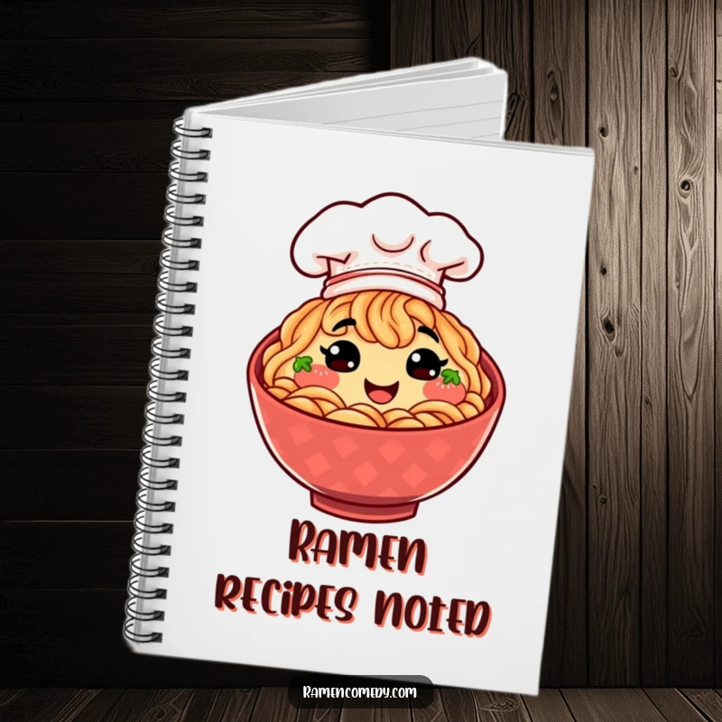 Funny smiling bowl of ramen wearing a tiny chef hat, perfect for a cute and inspiring notebook.