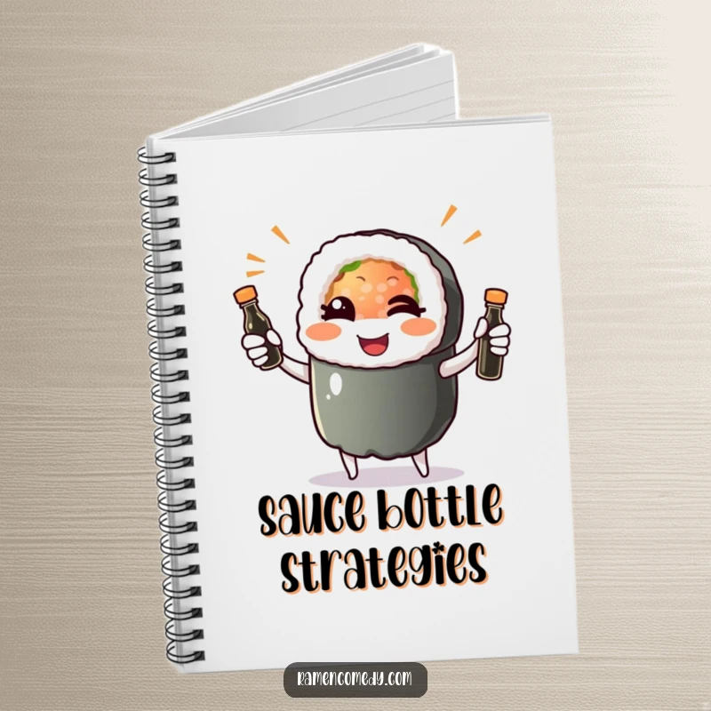 Funny sushi roll character winking and juggling soy sauce bottles, adorning the cover of a fun notebook.