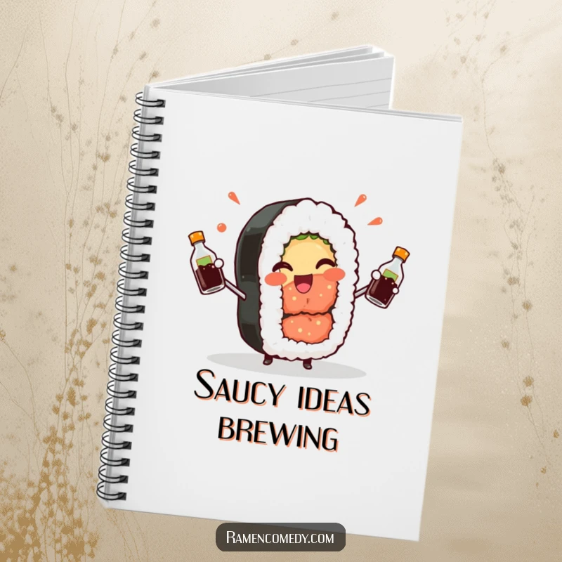 Funny Sushi Roll Notebook: A cheerful sushi roll winks playfully while juggling soy sauce, perfect for jotting notes.