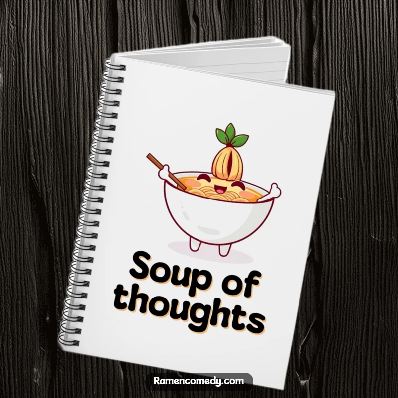 Funny notebook with a cheerful ramen bowl character waving with chopsticks as arms on the cover, ready for notes.