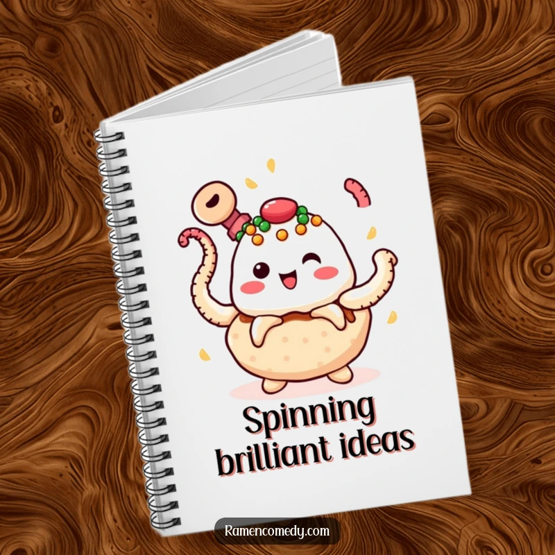 Funny takoyaki notebook with a cheerful takoyaki character juggling spinning octopus tentacles, perfect for notes and creative thinking.