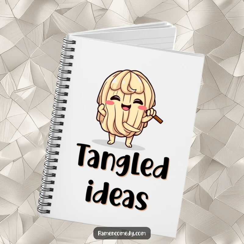 Funny Ramen Knot Notebook featuring a happy ramen noodle character comically tying itself into a knot, perfect for note-taking.