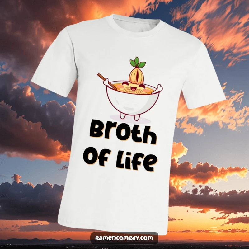 Funny t-shirt showcasing a cheerful ramen bowl character enthusiastically waving with chopsticks as arms, ready to greet.